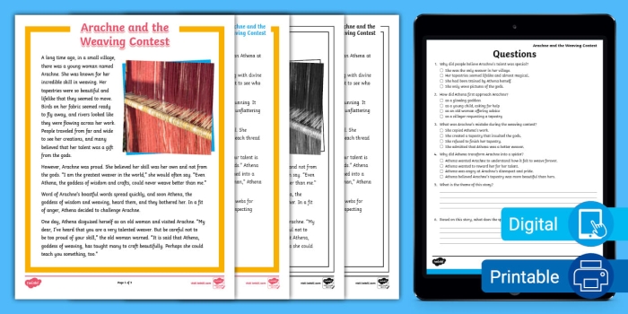 Seventh grade reading comprehension worksheet featuring the Greek myth of Arachne and the weaving contest