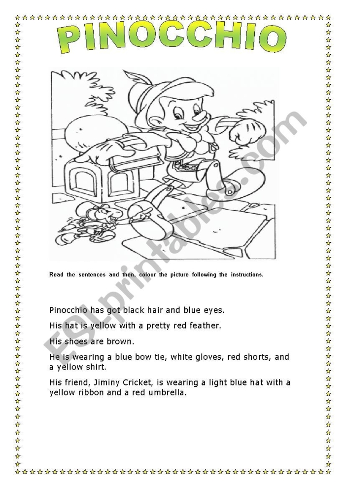 Reading comprehension worksheet featuring Pinocchio for third graders