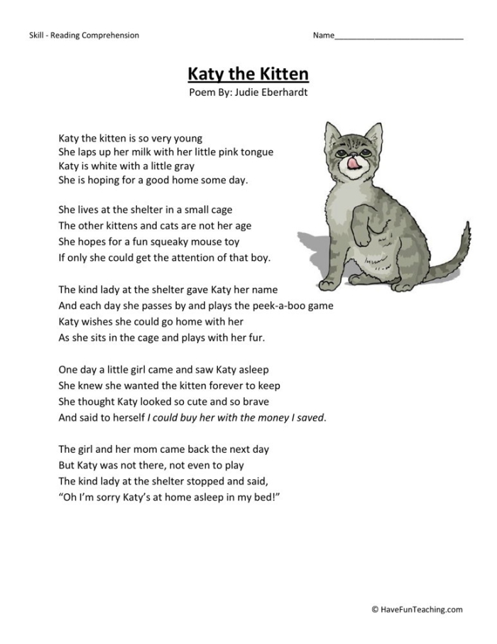 Worksheet for enhancing reading comprehension featuring a girl and her kitten