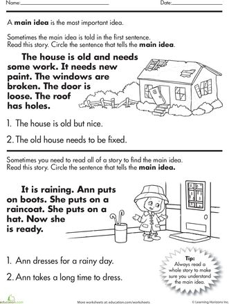Main Idea of a Story worksheet for third graders focusing on reading comprehension skills