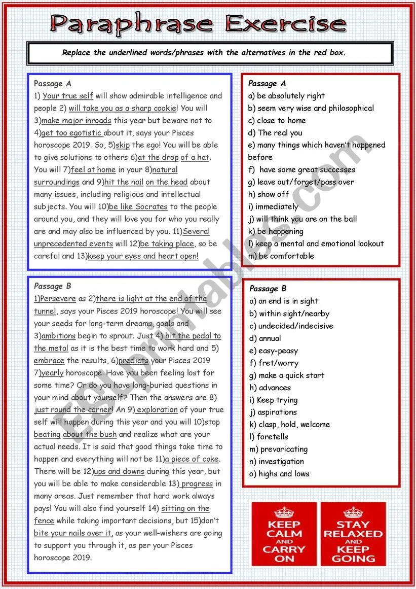 Paraphrasing Practice worksheet designed for fourth graders to enhance reading comprehension skills