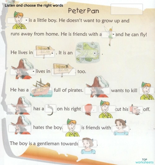Fourth grade reading comprehension worksheet featuring a passage about the character Peter Pan