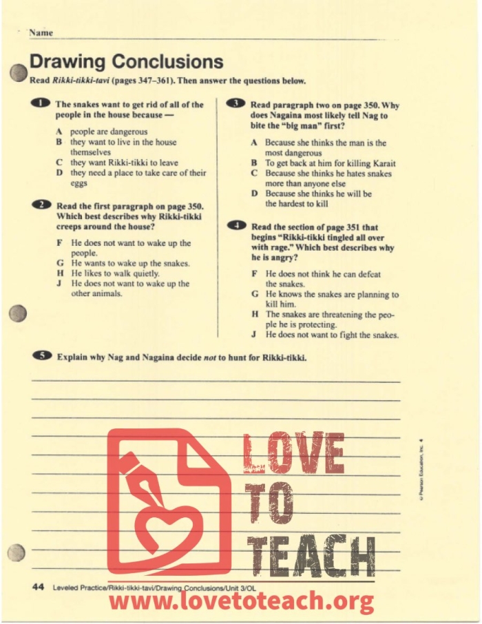 Sixth grade reading comprehension worksheet featuring Rikki-tikki-tavi geometry themes