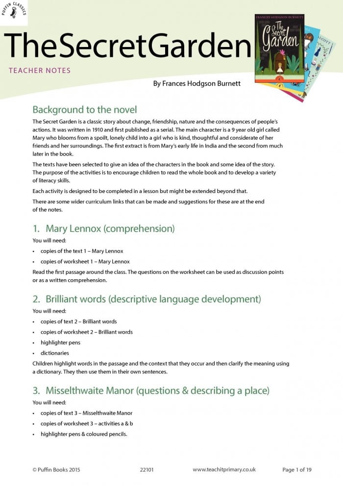 Worksheet for reading comprehension based on "The Secret Garden" for fifth graders