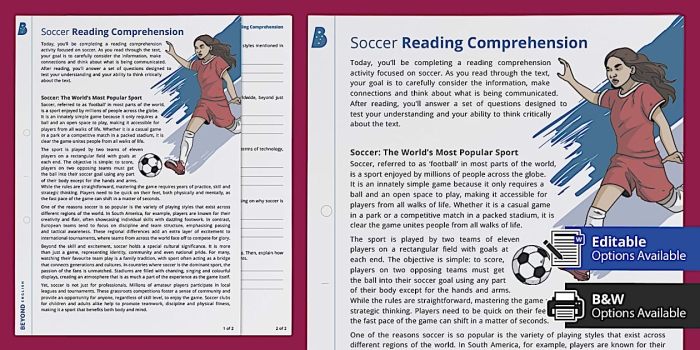 Title of the image showing the Soccer Sprain reading comprehension worksheet for students Worksheet featuring the Reading Comprehension activity on Leo's soccer injury for third graders