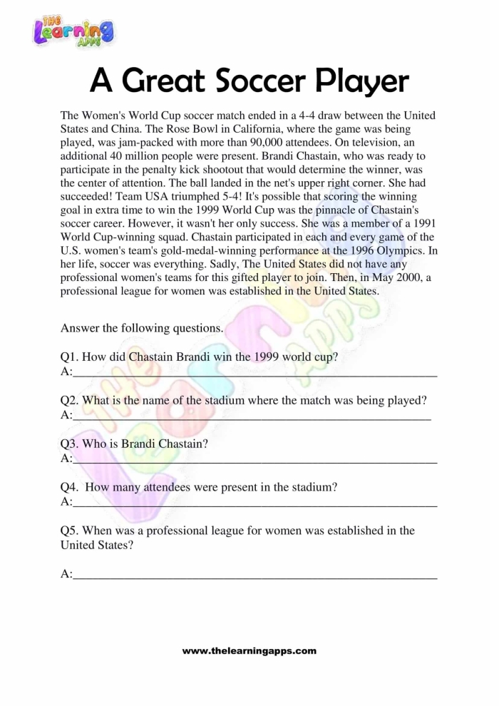 Reading worksheet for Third Grade Worksheet image featuring the Reading Comprehension: The Soccer Sprain activity for third graders. Educational resource for students to analyze Leo's story and answer comprehension questions.