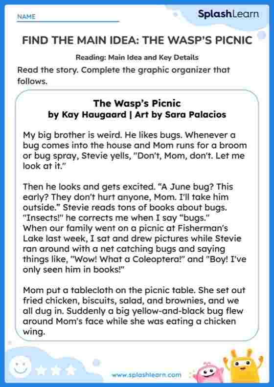 Main Idea of a Story worksheet for second graders focusing on reading comprehension