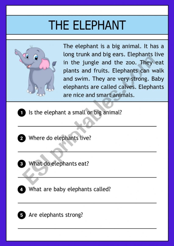 Enhance fifth graders' skills with The Story of a Stuffed Elephant worksheet Worksheet for reading comprehension featuring a stuffed elephant theme