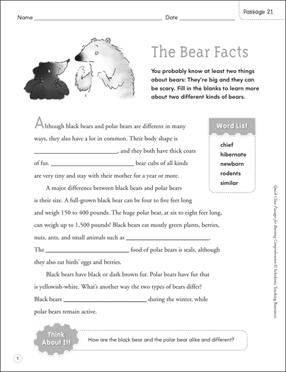 Reading Comprehension: The Girl Who Owned a Bear worksheet for Sixth Grade