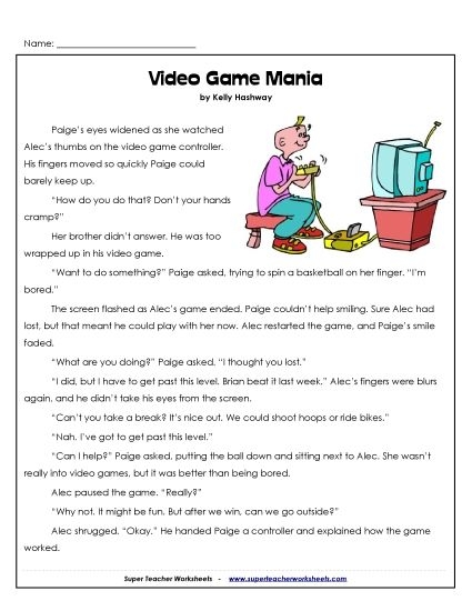 Worksheet featuring a passage about video games to enhance reading comprehension for fifth graders