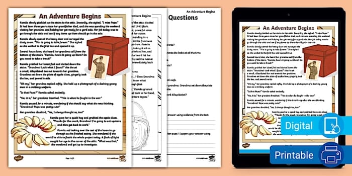 Reading worksheet for Sixth Grade Reading Comprehension worksheet titled "The Adventure Begins" for sixth graders, featuring a story and comprehension questions. Image showcasing the engaging activities designed to enhance reading skills.