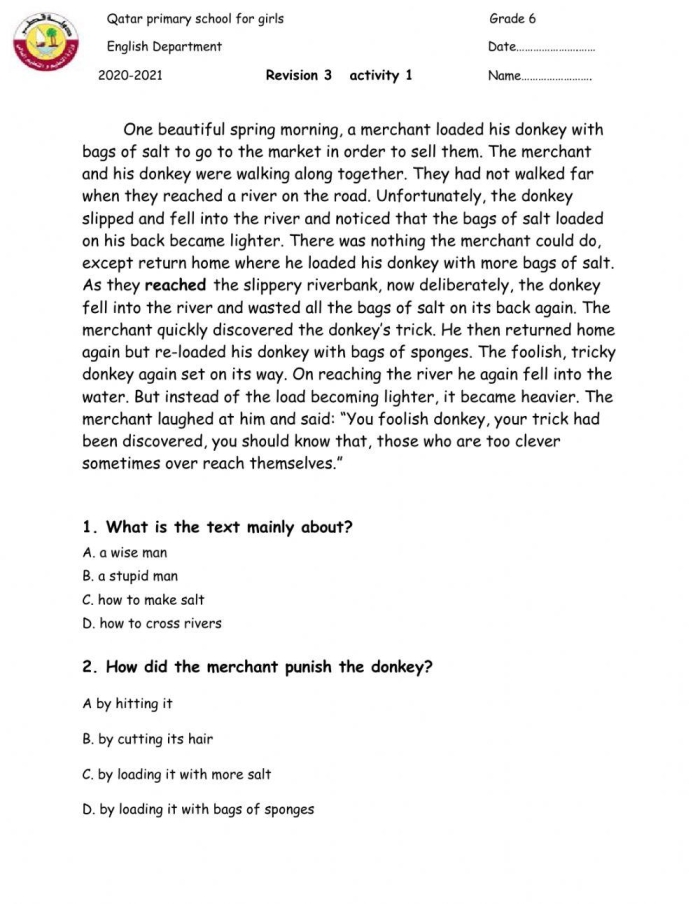 Reading Comprehension worksheet featuring "The Open Window" adaptation for eighth graders