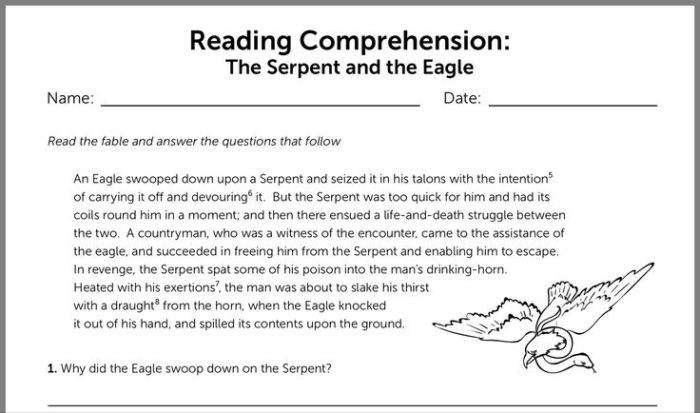 Worksheet for enhancing reading comprehension skills featuring The Serpent and the Eagle fable