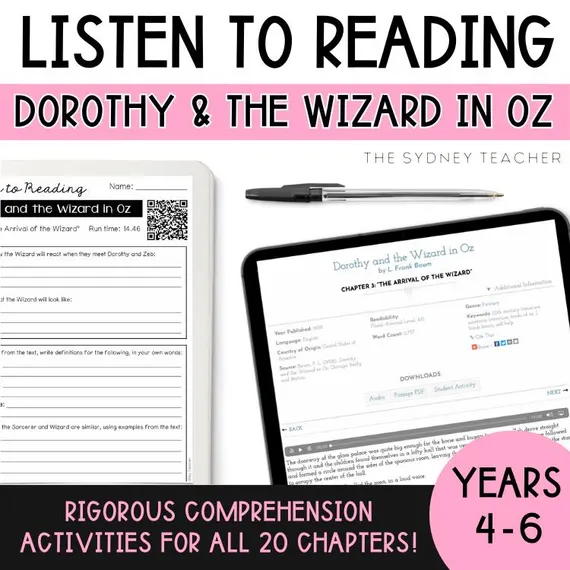 Reading comprehension worksheet featuring "The Wonderful Wizard of Oz" for fifth graders