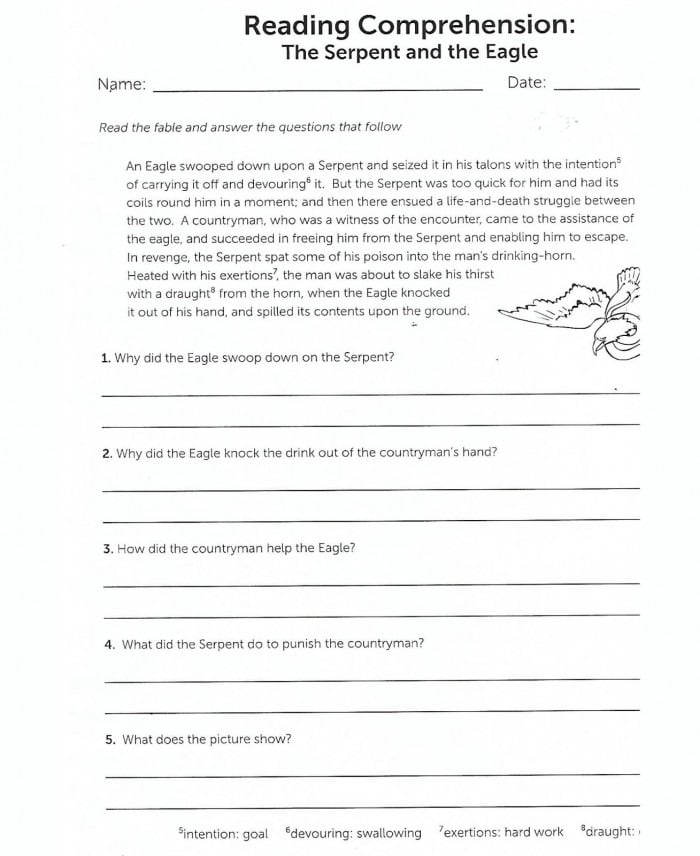 Worksheet designed to enhance fourth graders' reading comprehension using The Serpent and the Eagle fable