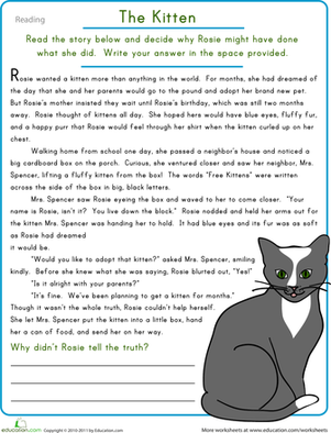 Worksheet for enhancing reading comprehension through a story about a girl and her kitten
