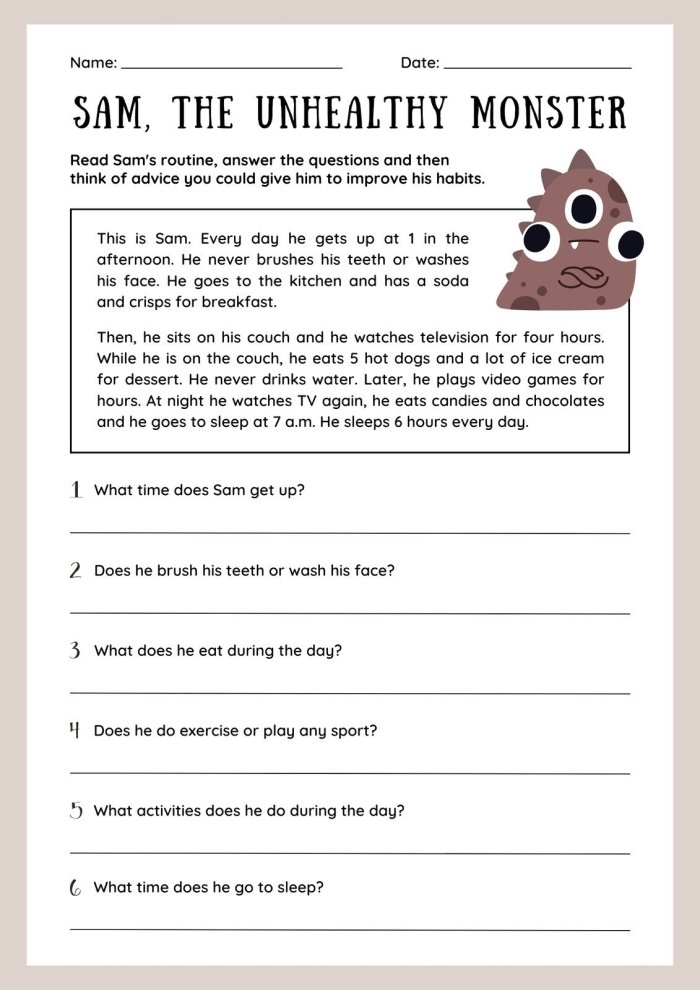 Reading comprehension worksheet featuring a girl and her kitten for fourth graders