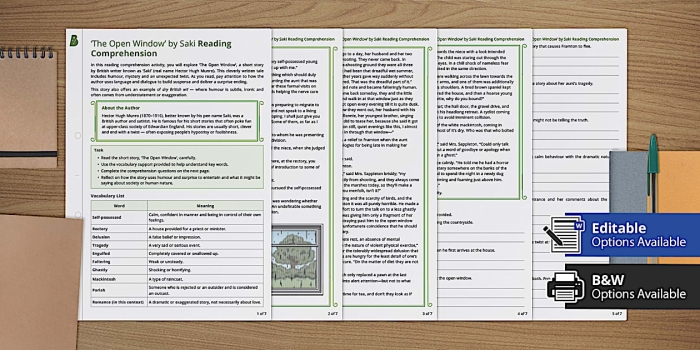 Students engaged in reading comprehension activities with "The Open Window" worksheet