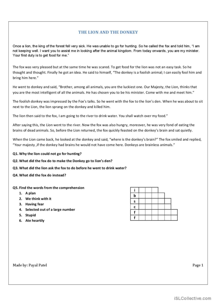 Reading Comprehension Worksheet: The Man, the Boy, and the Donkey for Third Graders Worksheet featuring the reading comprehension activity on the fable of the man, the boy, and the donkey