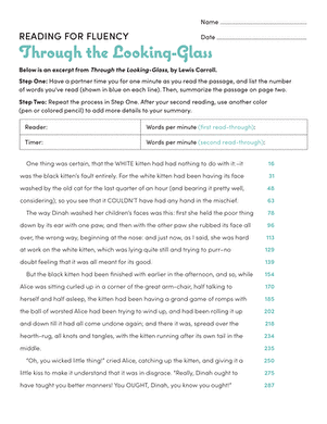Fourth grade student focusing on reading fluency using a Lewis Carroll excerpt worksheet