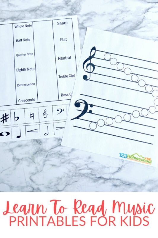 Fourth grade student learning to read musical notes and staff lines on a worksheet
