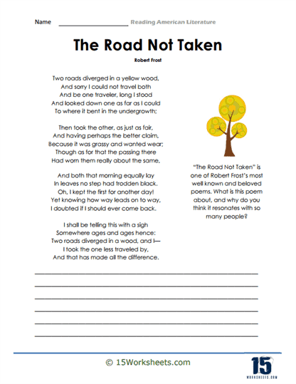 Reading comprehension worksheet featuring Robert Frost's poem "The Road Not Taken