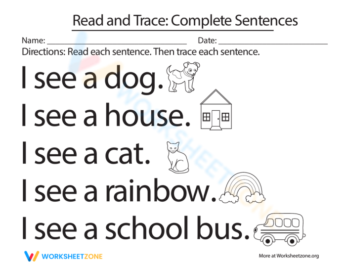 Kindergarten students practicing reading and tracing complete sentences on a worksheet