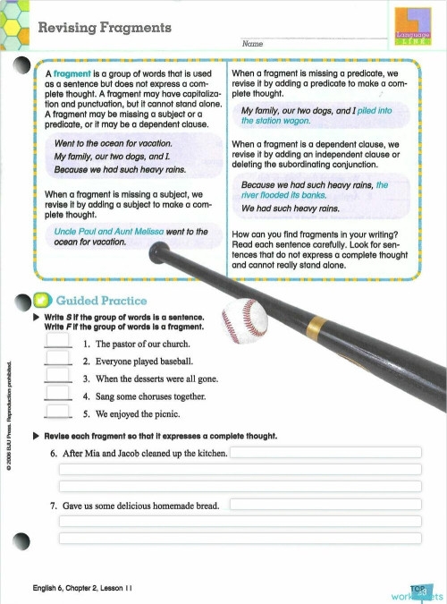 Recognize a Fragment When You See One! worksheet for fourth graders Worksheet example for identifying sentence fragments in fourth grade reading