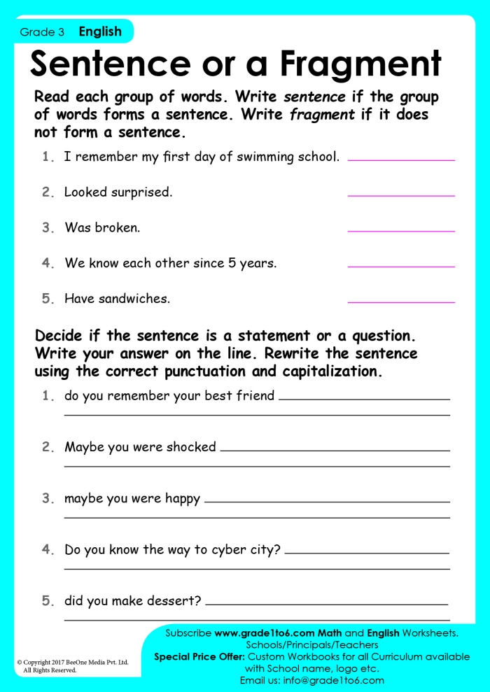 Recognizing and rewriting fragments worksheet for fourth graders Worksheet showing examples for identifying sentence fragments in fourth-grade reading exercises