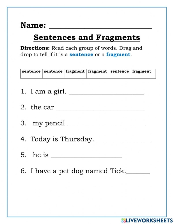 Recognize a Fragment When You See One Worksheet Page 15 Fourth grade worksheet featuring a grammar exercise on identifying and correcting sentence fragments