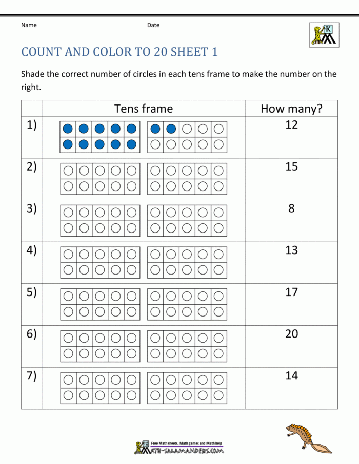 Recognizing Numbers to 20 Worksheet Page 22 Kindergarten math worksheet for practicing and recognizing numbers from one to twenty