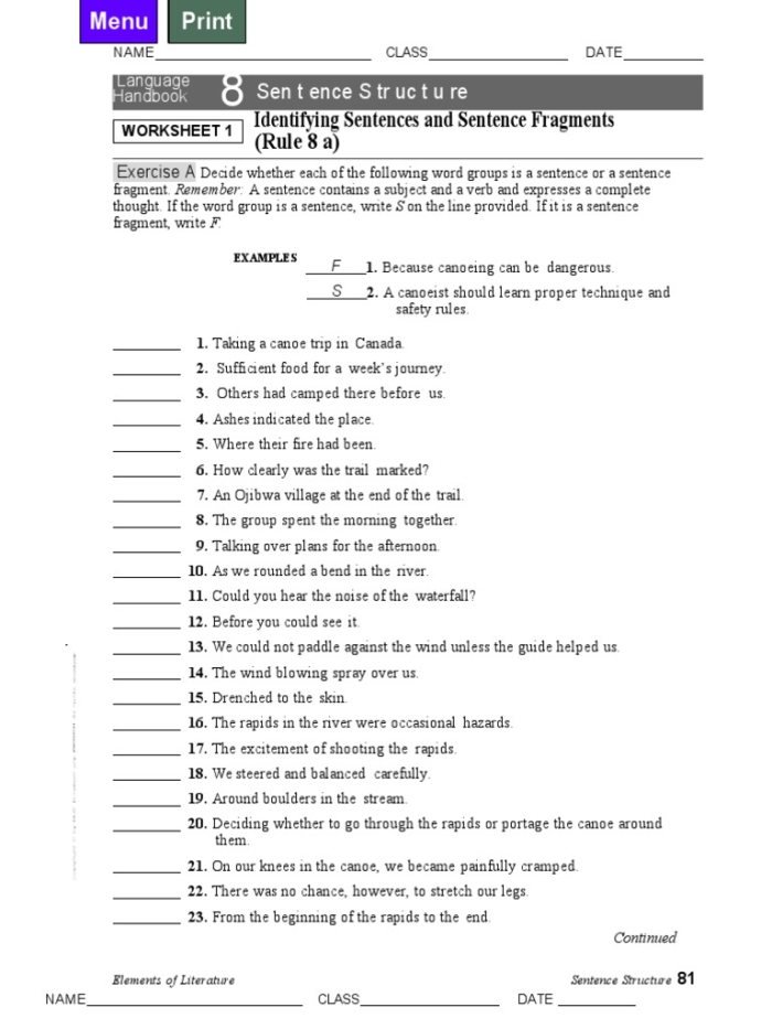 Recognize a Fragment When You See One! worksheet example for students Worksheet for identifying sentences and fragments in fourth-grade reading exercises