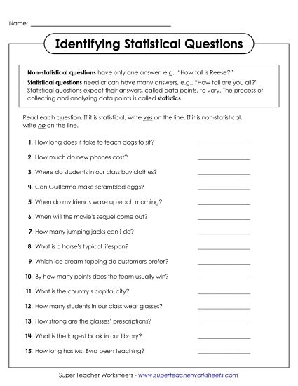 Recognizing Statistical Questions worksheet for grade six students Worksheet for sixth graders on identifying statistical questions versus non-statistical ones