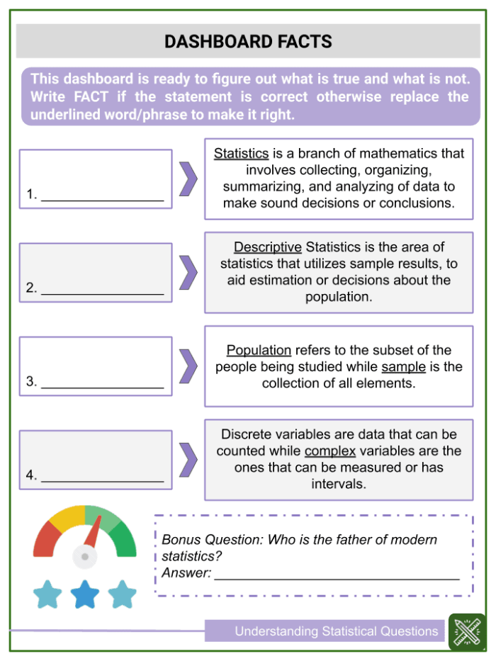 Recognizing Statistical Questions Worksheet for Sixth Grade Math Students Sixth grade math worksheet featuring practice exercises for identifying statistical versus non-statistical questions