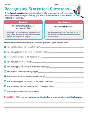 Recognizing Statistical Questions worksheet for Grade 6 students Worksheet for sixth graders on identifying statistical versus non-statistical questions