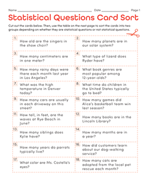 Recognizing Statistical Questions Worksheet 16 Sixth grade math worksheet showing students how to identify statistical versus non-statistical questions