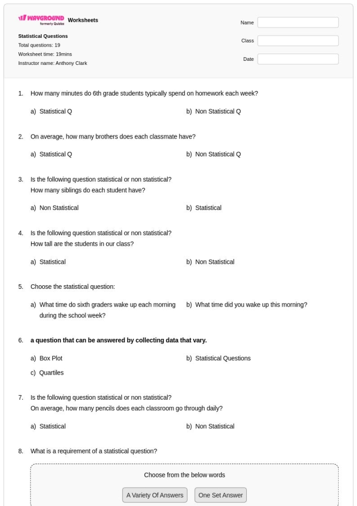 Recognizing Statistical Questions worksheet for sixth-grade math students Worksheet for sixth graders focusing on identifying statistical questions versus non-statistical ones
