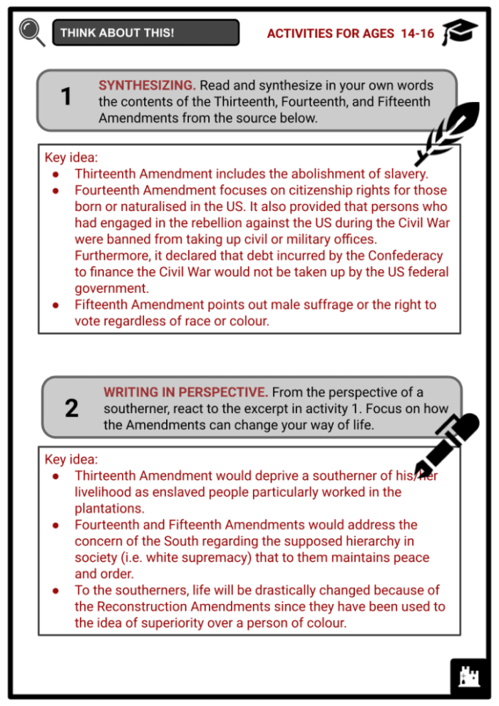 A sixth grade history worksheet explaining the Reconstruction Amendments and their impact on civil rights