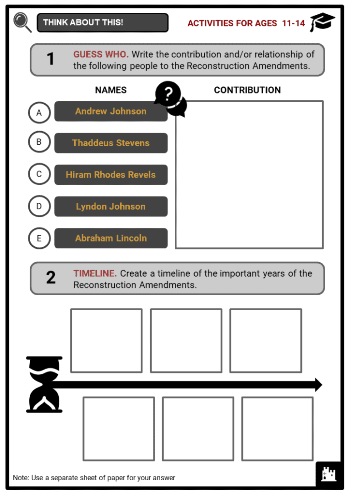 Sixth grade students completing a worksheet activity about the Reconstruction Amendments and their impact on ending discrimination in American history