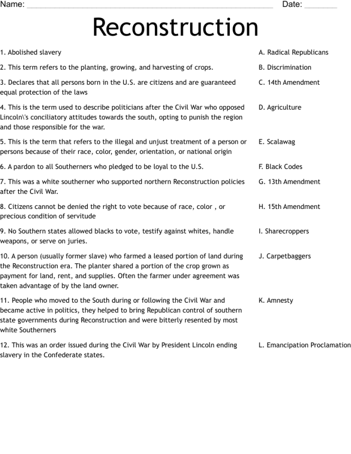 Sixth grade students studying the Reconstruction Amendments and their impact on ending discrimination through a history worksheet activity