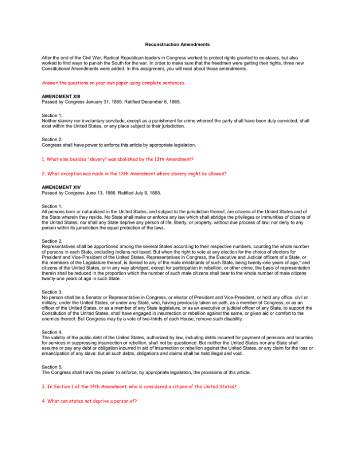 A sixth grade history worksheet exploring the Reconstruction Amendments and civil rights
