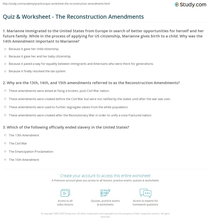 Sixth grade students studying the Reconstruction Amendments and their impact on ending discrimination through a history worksheet activity