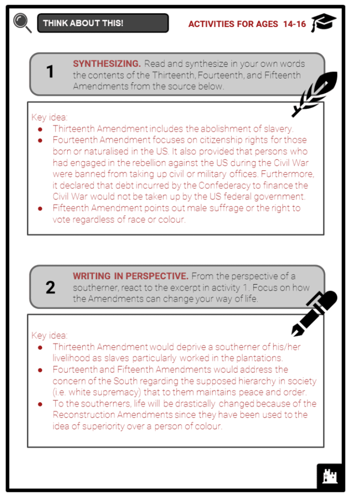 Sixth grade history worksheet about the Reconstruction Amendments and combating discrimination