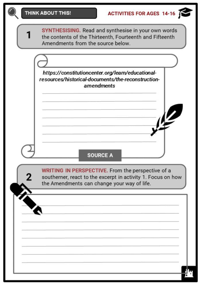 Sixth grade worksheet on the Reconstruction Amendments and their role in addressing historical discrimination