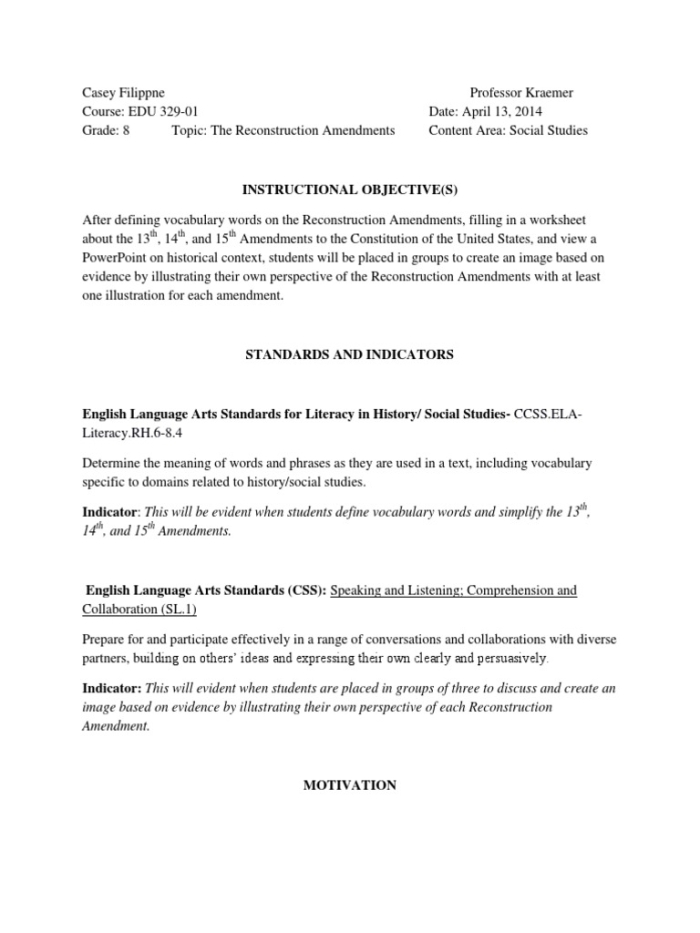 Sixth grade history worksheet about the Reconstruction Amendments and their role in fighting discrimination