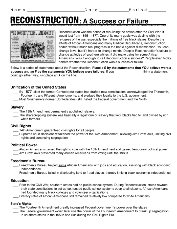 Sixth grade students completing an interactive worksheet about the Reconstruction Amendments and their impact on ending discrimination in America