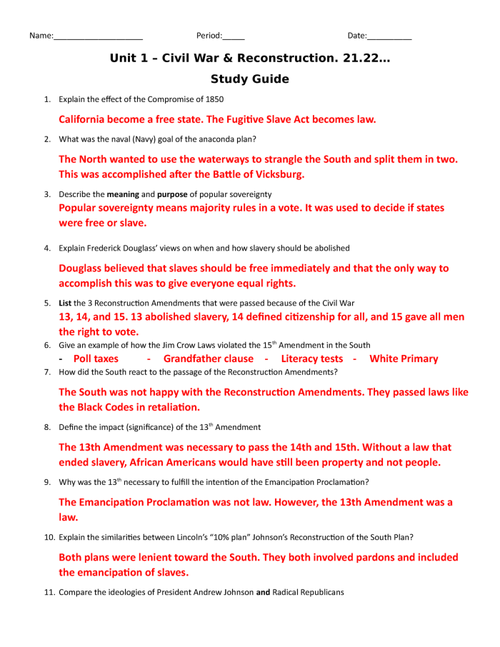 Sixth grade students completing a worksheet activity about the Reconstruction Amendments and their impact on ending discrimination in American history