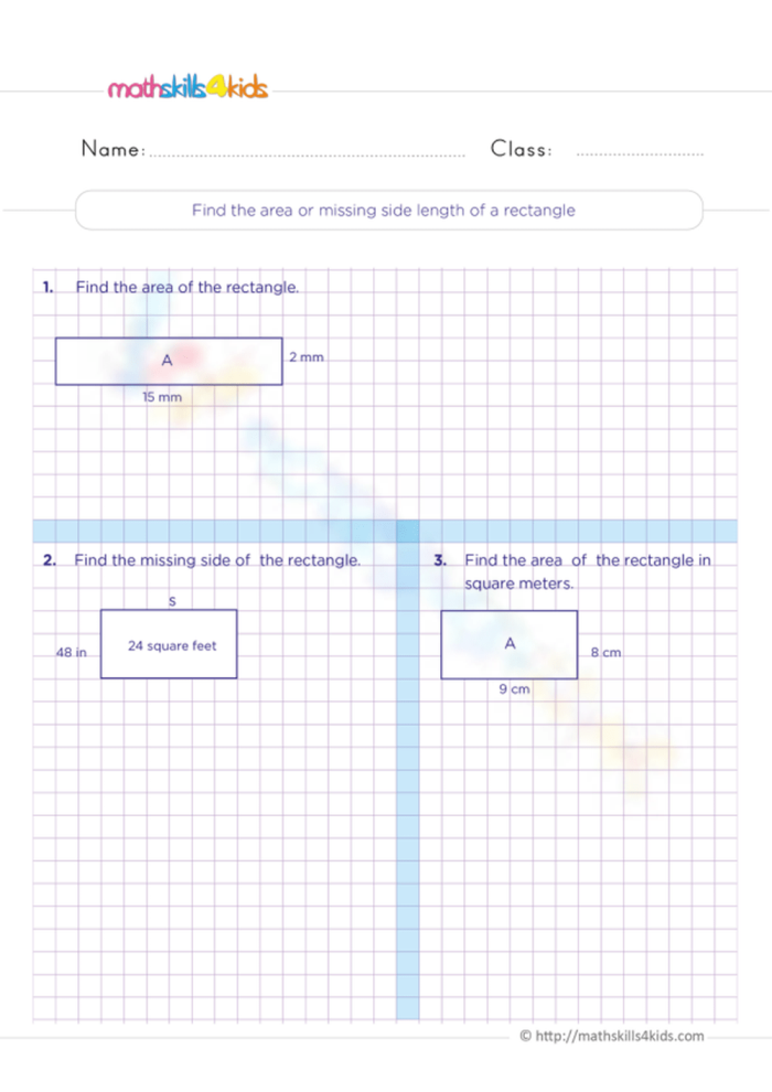 Rectangle Algebra Worksheet: Find the Missing Length for Grade 5 Students Worksheet featuring algebra problems to determine the missing length of rectangles for fifth graders