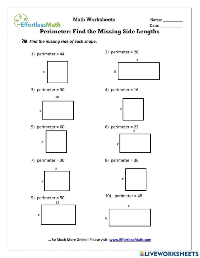 Find the Missing Lengths in Rectangles: 5th Grade Algebra Worksheet Rectangle Algebra worksheet for fifth graders to calculate missing lengths of rectangles