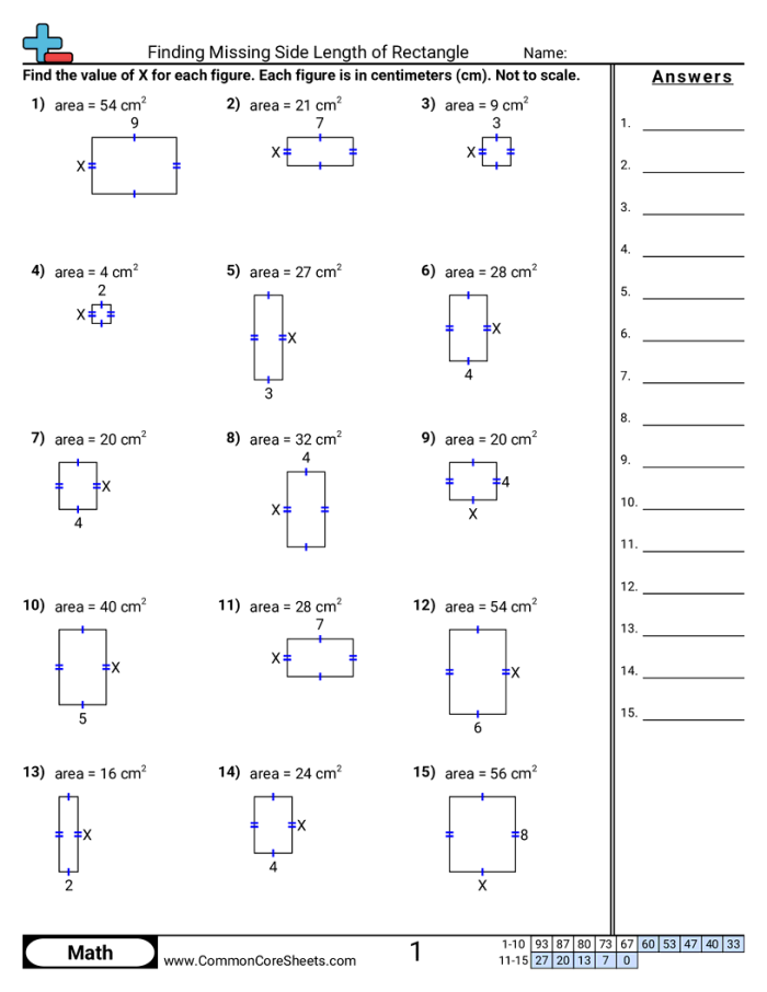 Educational resource for 5th graders to practice algebra with rectangles Worksheet featuring Rectangle Algebra for finding missing lengths